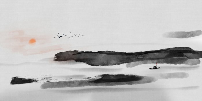 Fotobehang Chinees landschap, zee, vogels, zonsondergang