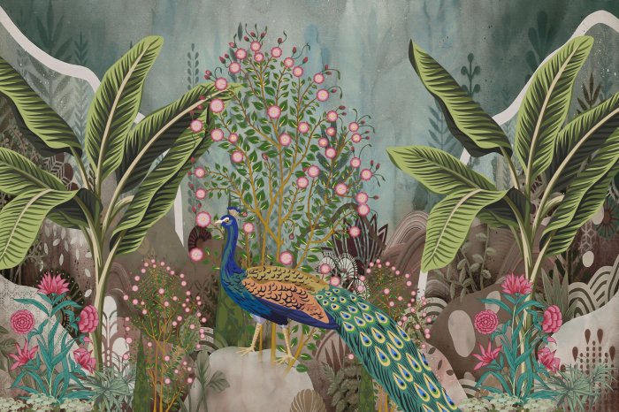 Fotobehang Pauw tussen tropische planten en bloemen