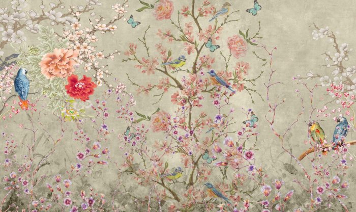 Fotobehang Bloeiende bomen met kleurrijke bloemen en papegaaien op de takken