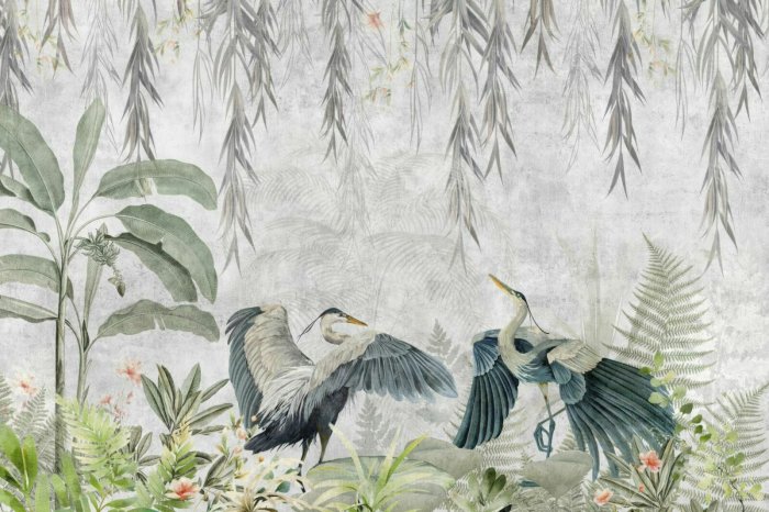 Fotobehang Tropische jungleplanten en reigers