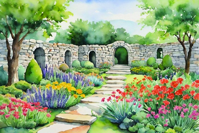 Fotobehang Handgeschilderd landschap vol bloemen