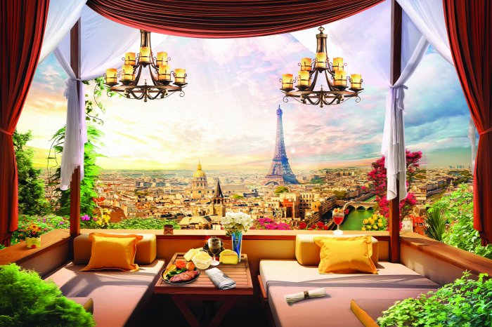 Fotobehang Zonsondergang boven Parijs gezien vanaf het balkon