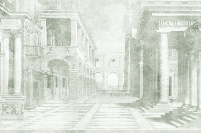 Fotobehang Mysterieuze ruïnes van een oude stad gehuld in mist