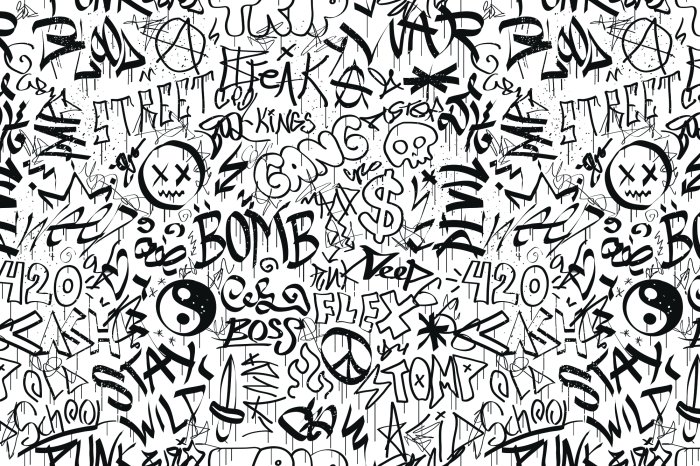 Fotobehang Monochrome graffiti met expressieve inscripties