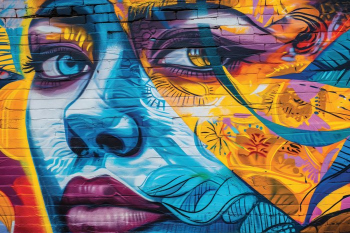 Fotobehang Een kleurrijk vrouwengezicht op een bakstenen muur