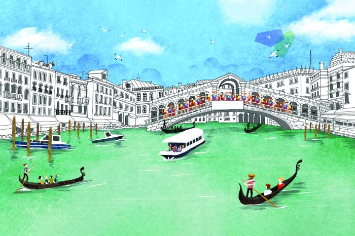 Fotobehang Illustratie van de Rialtobrug met drijvende gondels