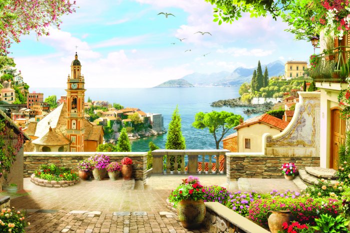 Fotobehang Een magisch landschap met een kerk tegen de achtergrond van de zee en de bergen