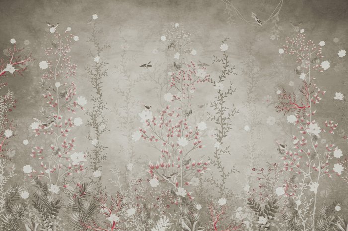 Fotobehang Een weelderige weide vol planten en vogelbewoners