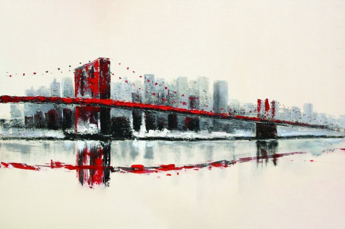 Fotobehang Met de hand geschilderde rode brug tegen een stadsachtergrond