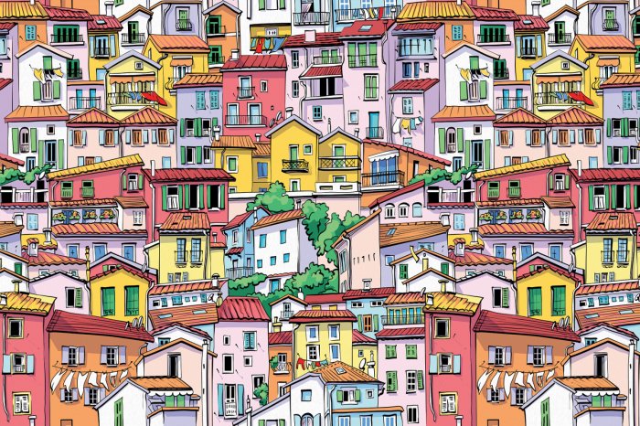 Fotobehang Landschap met kleurrijke huurkazernes