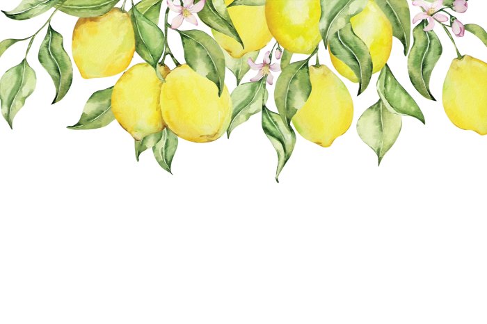 Fotobehang Aquarelcitroenen omringd door bladeren en bloemen