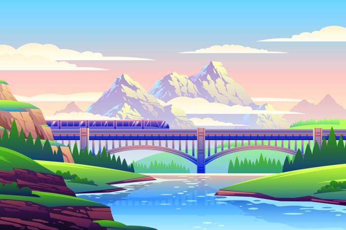 Fotobehang Een pittoreske trein die door bergketens glijdt