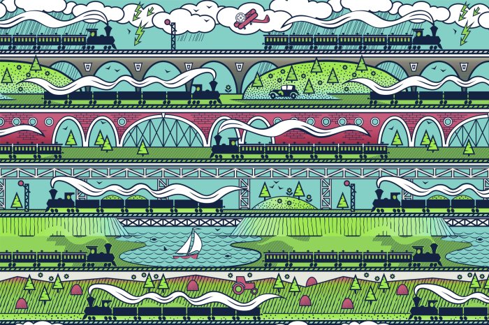 Fotobehang Een pittoresk treinstation met bruggen en weelderig groen