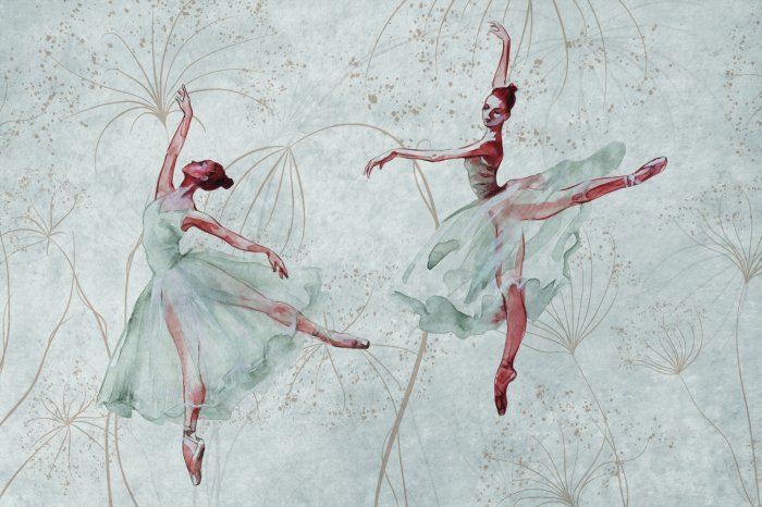 Fotobehang Ballerina&#39;s in prachtige kostuums tegen een betonnen achtergrond