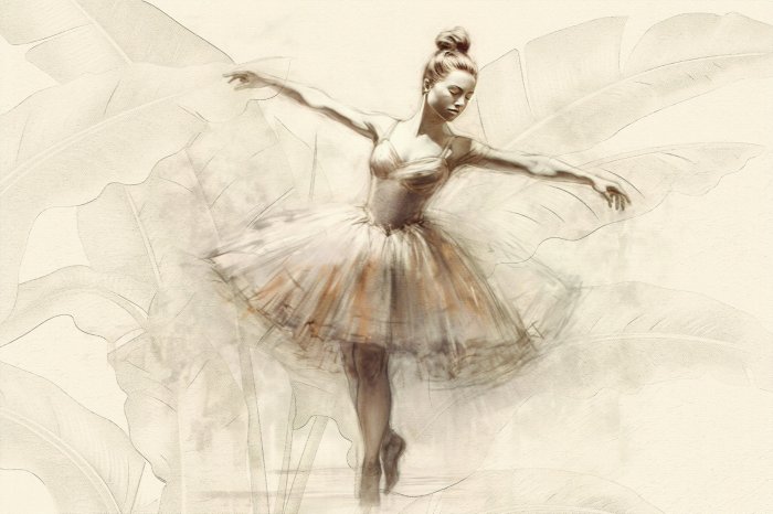 Fotobehang Een ballerina in een vloeiende jurk tegen een achtergrond van palmbladeren.