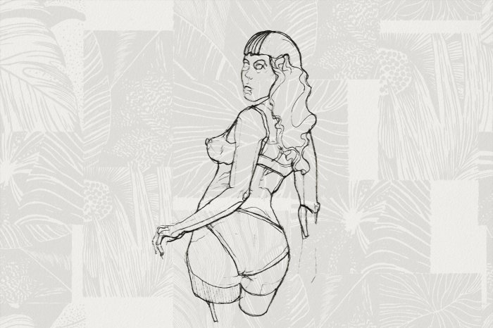 Fotobehang Een vrouw omringd door weelderige vegetatie