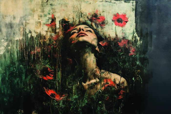 Fotobehang Een muurschildering van een vrouw tussen rode klaprozen