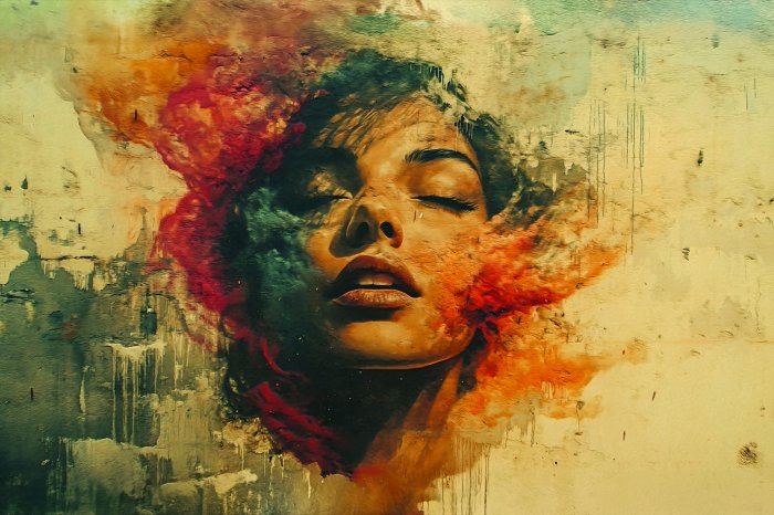 Fotobehang Een delicate aquarel die het gezicht van een vrouw afbeeldt