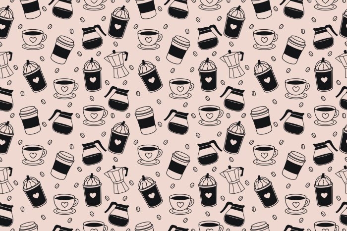 Fotobehang Koffiehuispatroon met koffiebonen en decoratieve kopjes