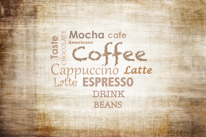 Fotobehang Koffiesoorten geschreven op hout