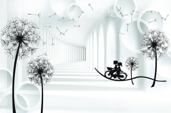 Fotobehang Zwarte paardenbloemen in een driedimensionaal beeld