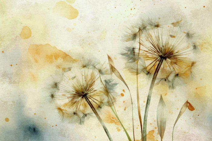 Fotobehang Een delicate aquarel met een paardenbloemmotief