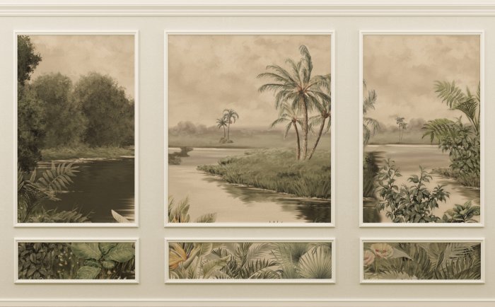 Fotobehang Tropische rivier met stucwerkpalmen