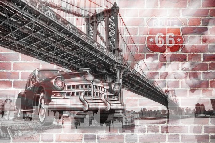 Fotobehang Retro-auto met de Brooklyn Bridge en Route 66 op de achtergrond