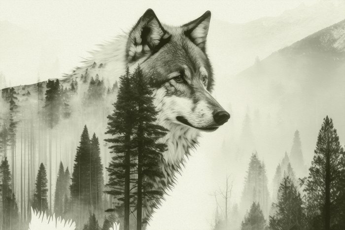 Fotobehang Een wolf omringd door een naaldbos