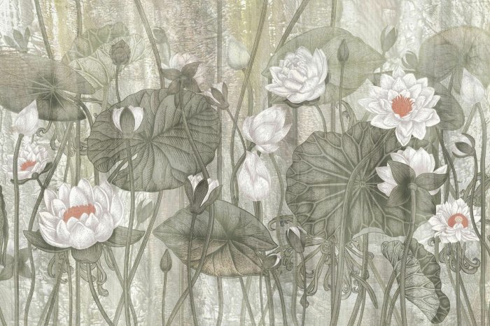 Fotobehang Witte leliebloemen tussen groene bladeren