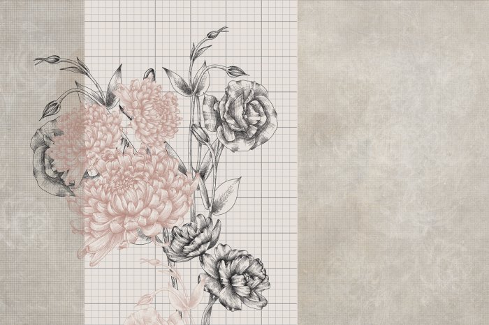 Fotobehang Bloemmotief met pioenrozen en rozen op een trellis