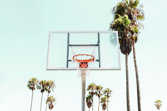 Fotobehang Een basketbalring omgeven door palmbomen