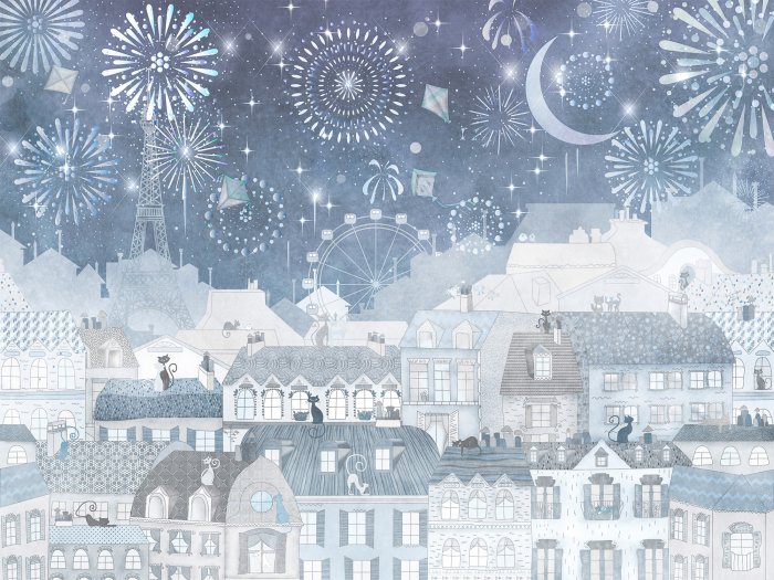 Fotobehang Een stad met de Eiffeltoren en vuurwerk