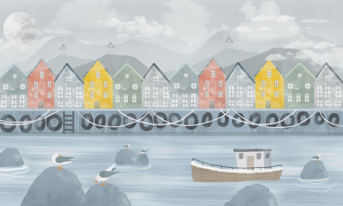 Fotobehang Kleurrijke huizen aan de rivier met een boot