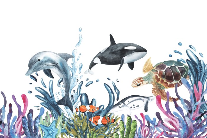 Fotobehang Dolfijn en schildpad tussen zeeplanten