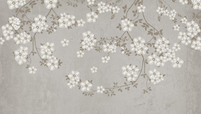 Fotobehang Takken met witte bloemen op beton