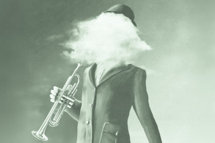 Fotobehang Man met trompet en mistig gezicht, artistiek portret