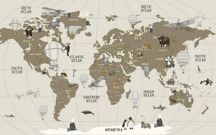 Fotobehang Wereldkaart met dieren voor kinderen