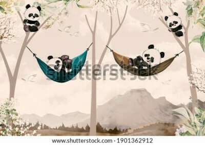 Fotobehang Schattige panda&#39;s rusten in hangmatten