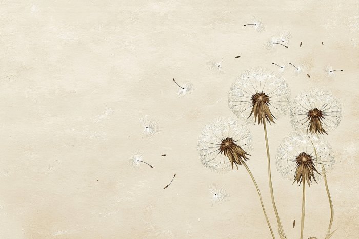 Fotobehang Paardenbloemen met zaden die in de wind waaien