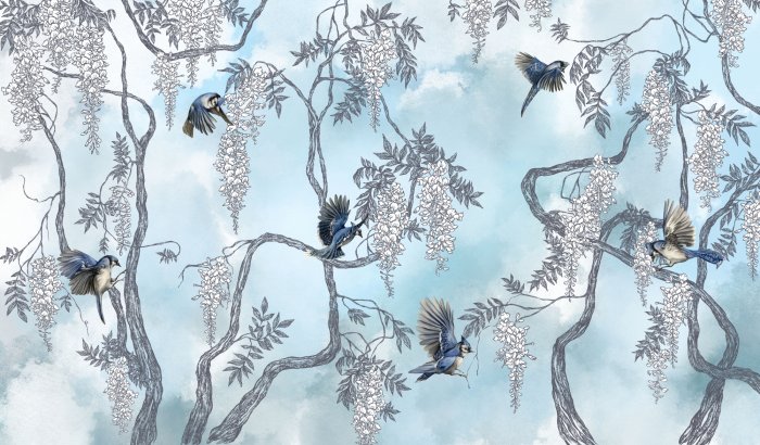 Fotobehang Een boom met bloemen en vogels tegen de lucht