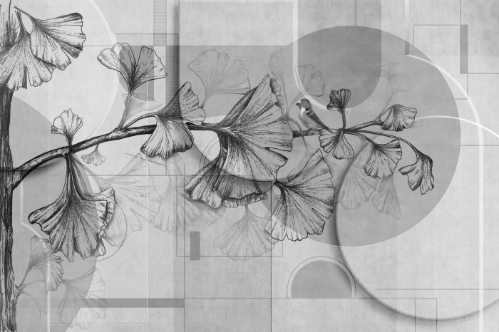 Fotobehang Bladeren op een grijze geometrische achtergrond