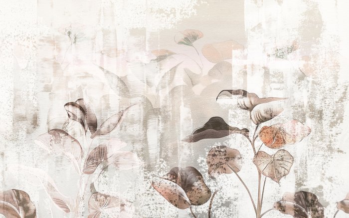 Fotobehang Aquarelbladeren op een betonnen muur