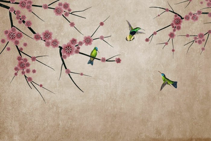 Fotobehang Roze bloemen op takken met kleurrijke vogels