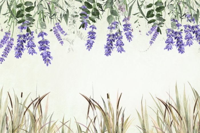 Fotobehang Paarse lavendelbloemen en siergrassen op een lichte achtergrond