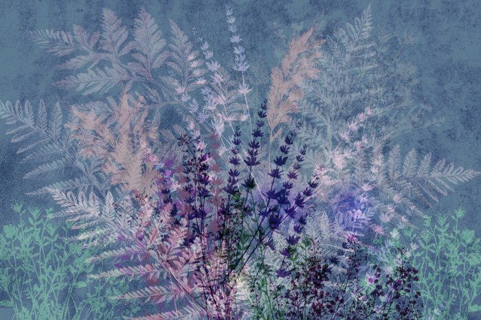 Fotobehang Lavendeltakjes en varenbladeren