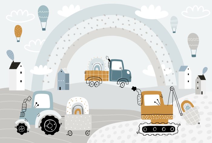 Fotobehang Tractor op de heuvels met een graafmachine en wolken