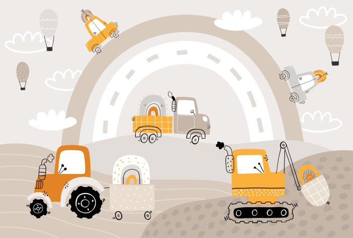 Fotobehang Auto&#39;s en een tractor tegen een regenboogachtergrond