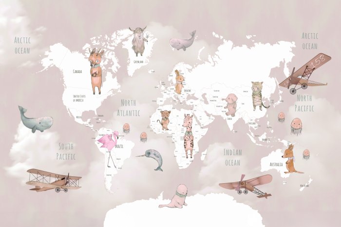 Fotobehang Wereldkaart met motieven van vliegtuigen en wilde dieren