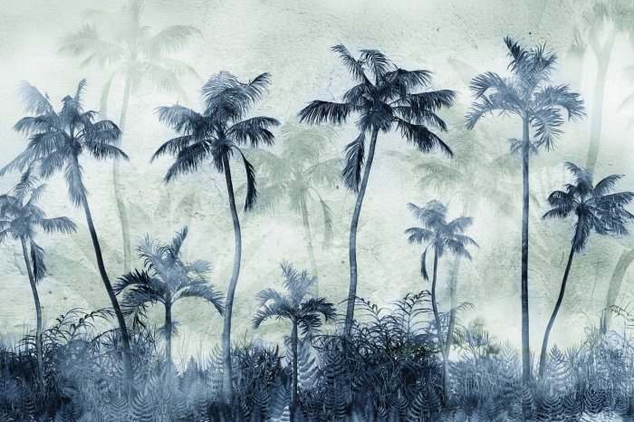 Fotobehang Betonnen achtergrond met palmenbosmotief